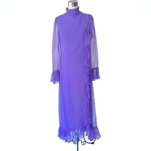 RARE Vintage Emma Domb Lavender Chiffon Maxi Dress with Ruffle Detail M